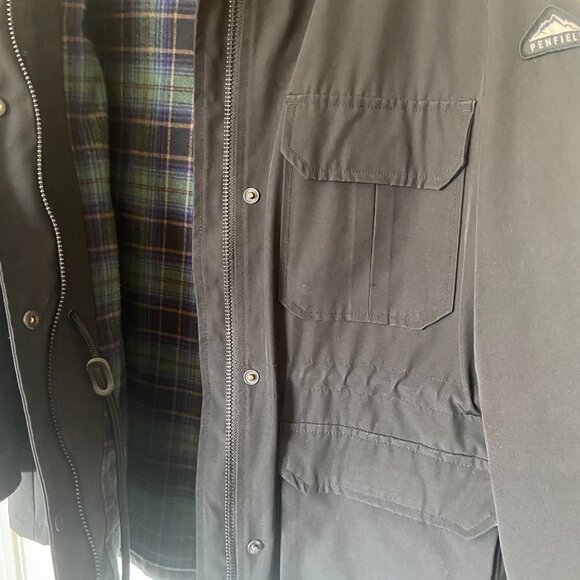 Men's Windproof Fall/Winter Penfield Parka -Black w. Plaid flannel lining - Med - Picture 13 of 14